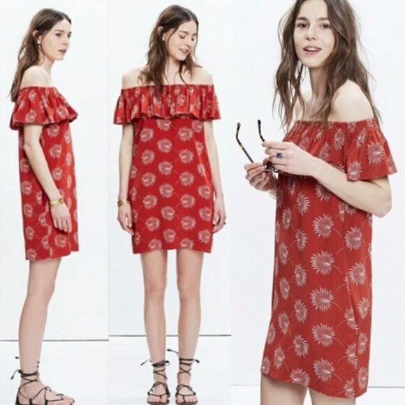 Madewell 100% Silk Palmflower Off The Shoulder Ruffle Mini Dress M $150 Rust - Picture 3 of 16